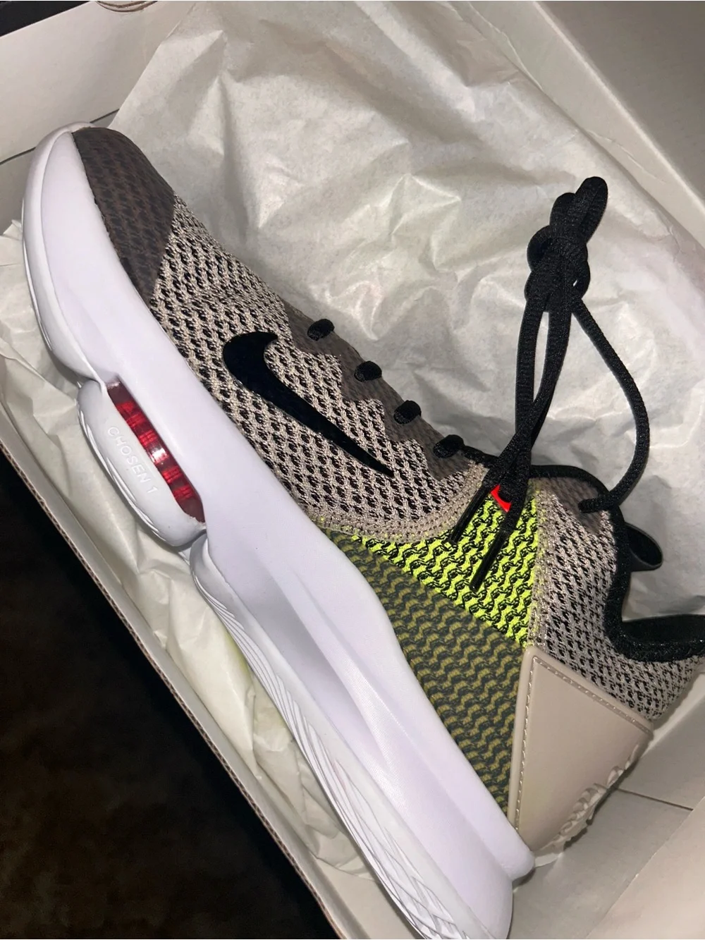 Nike Grey Black Neon Yellow LeBron Witness IV Zoom Basketball Shoe